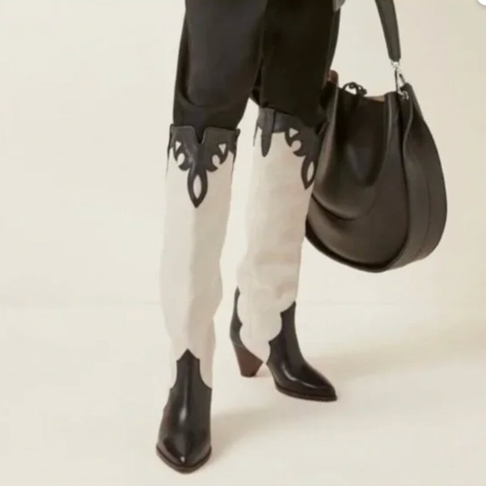 Isabel Marant Black and White Suede knee high Cowboy Boots